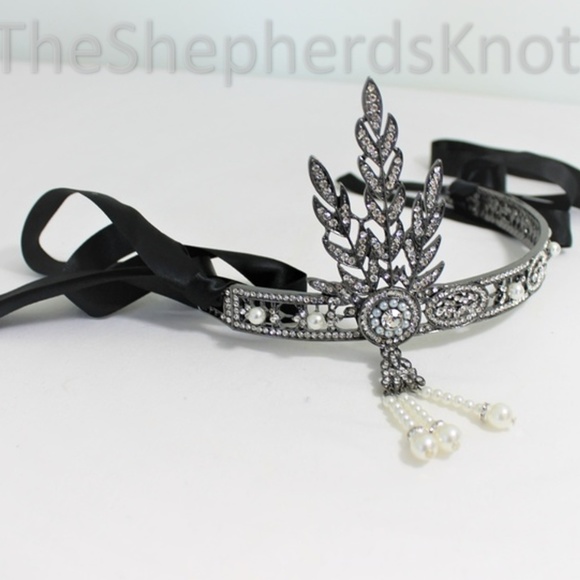 New 1920s Flapper Bride Headband Tiara Cream Black - Picture 4 of 9